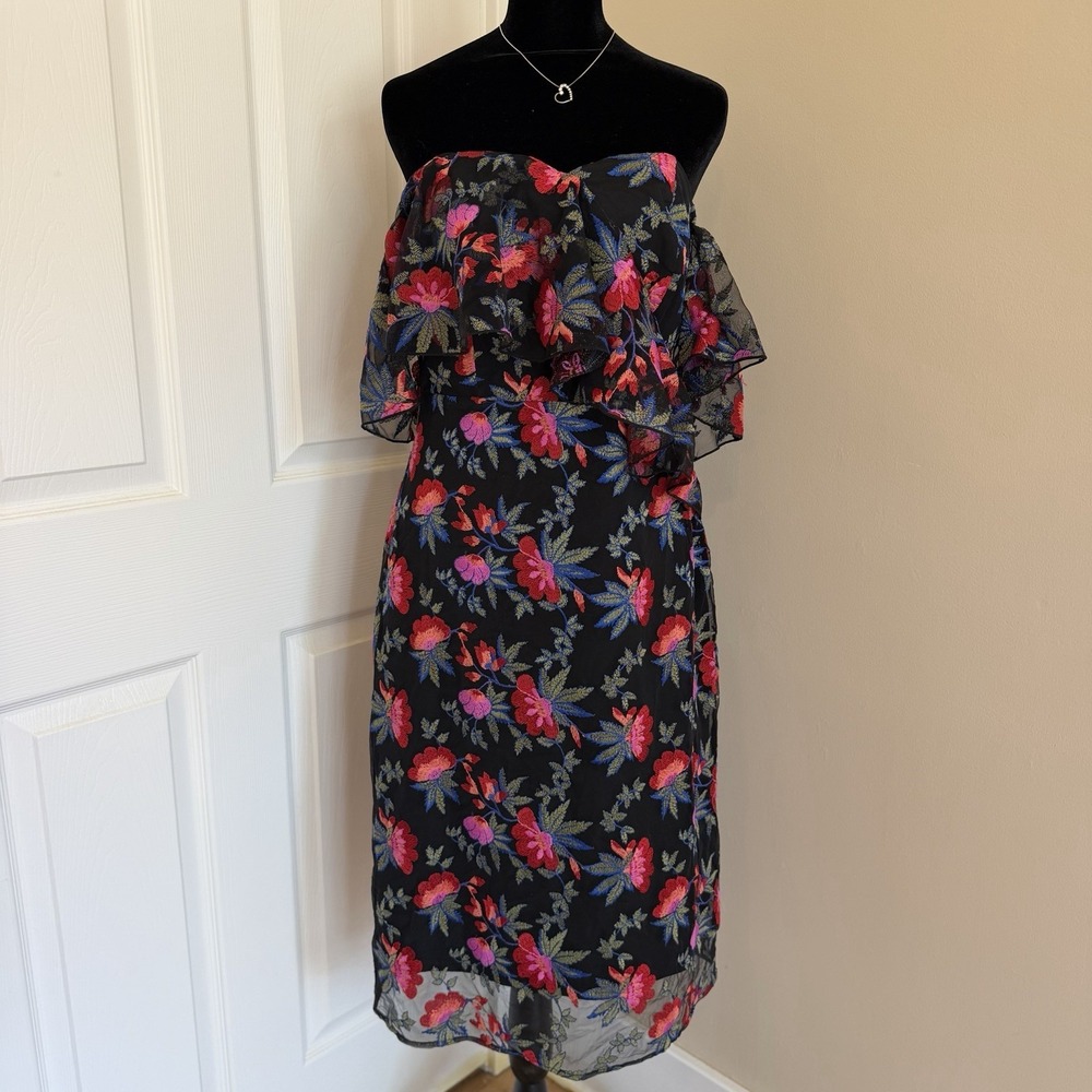 Sam Edelman Embroidered Floral Midi Dress Multicolor Black (6) Off the shoulder